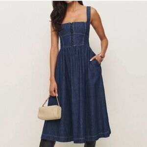 Reformation Tagliatelle Indigo Denim Button-Front Midi Dress